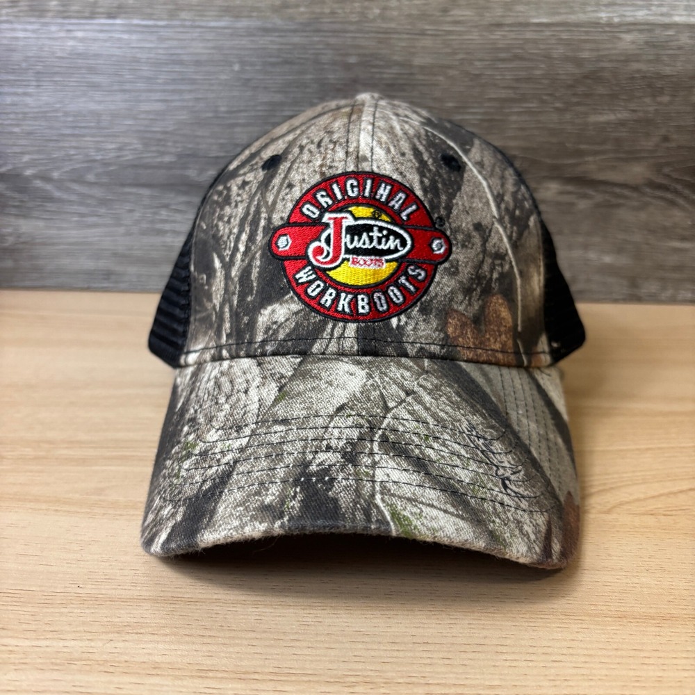 Justin Boots Hat Cap Snap Back Brown Camo Camouflage Work Workboots Mens